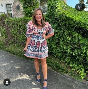 Ash & Eden Sarah Puff Mini Dress sz L Large Cotton Made in India NWOT Pink Blue